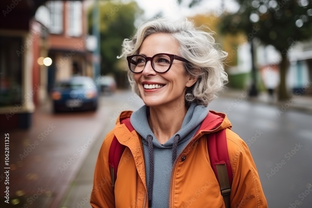 Portrait of a smiling senior woman with backpack and glasses in the city Portrait of a smiling senior woman with backpack and glasses in the city