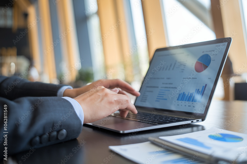 Businessperson analyzing financial data on a laptop screen Businessperson analyzing financial data on a laptop screen