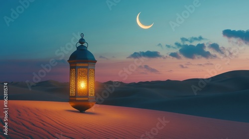 A lit lantern stands in a desert at dusk with the crescent moon shining in the sky.