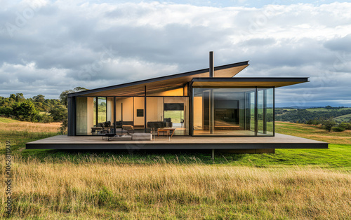 Modern house design situated in a lush green field under a cloudy sky during the day