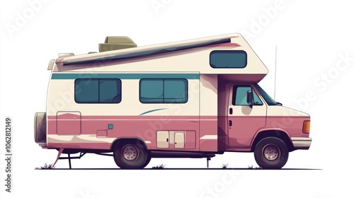 A pink and white motorhome with a pop-up roof and a step.