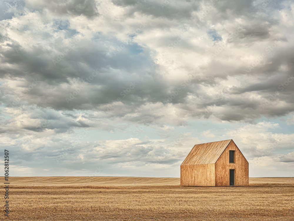 A solitary wooden cabin stands in a vast field under a dramatic sky at dusk A solitary wooden cabin stands in a vast field under a dramatic sky at dusk