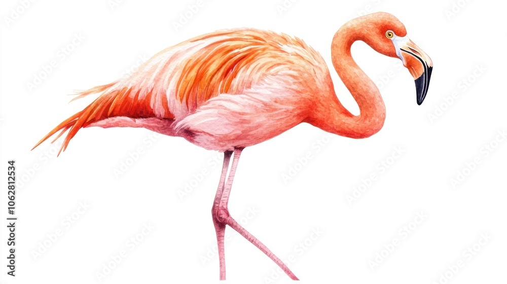 Fototapeta premium A pink flamingo stands on one leg against a white background.
