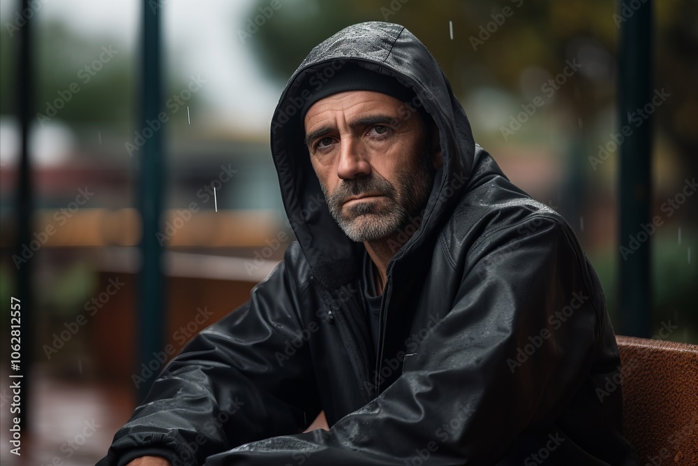 Portrait of a man in a raincoat sitting on a bench outdoors Portrait of a man in a raincoat sitting on a bench outdoors