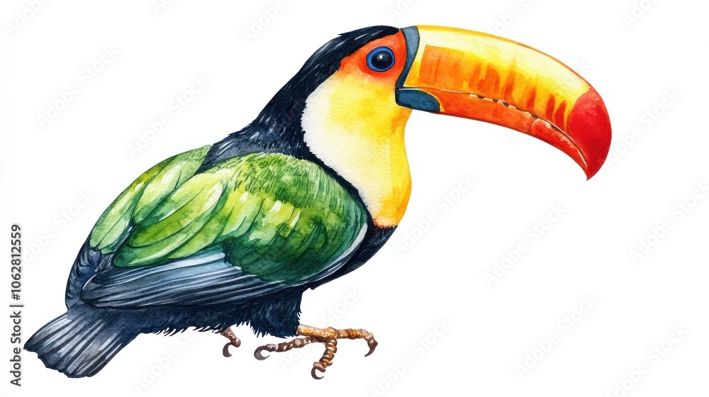 Watercolor illustration of a toucan with a large orange beak, blue eye, black head, green and yellow body, and black legs. Watercolor illustration of a toucan with a large orange beak, blue eye, black head, green and yellow body, and black legs.