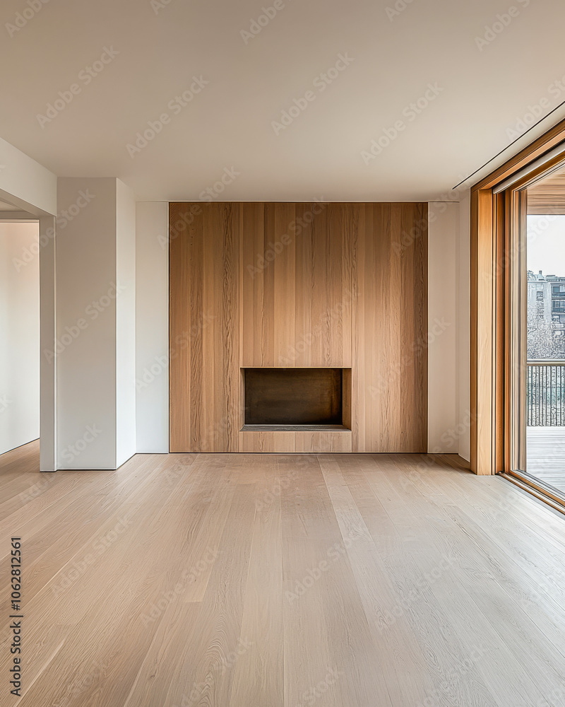 Fototapeta premium Modern living room with wooden accents and large windows, showcasing minimalist design aesthetics