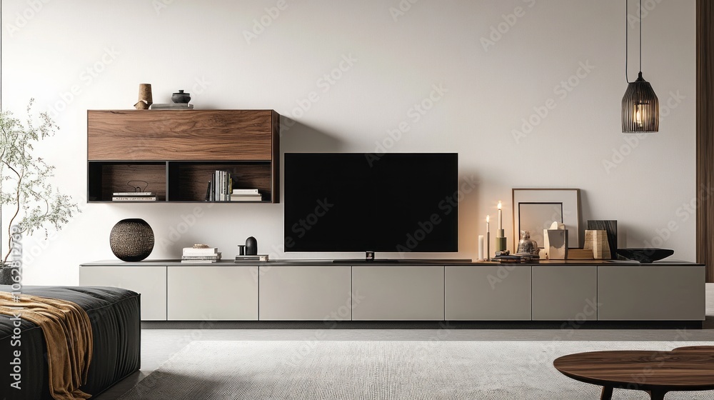 Modern living room interior with a minimalist design featuring a flat-screen TV, wooden shelves, and a light grey cabinet. Modern living room interior with a minimalist design featuring a flat-screen TV, wooden shelves, and a light grey cabinet.