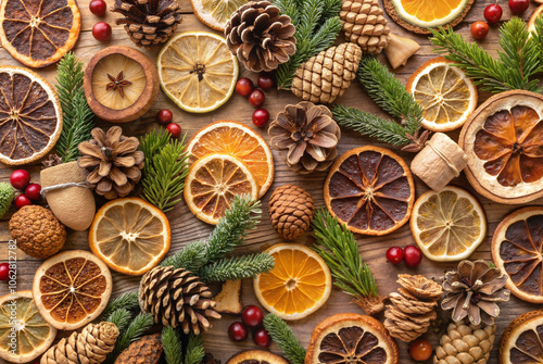 Rustic dried oranges and pinecones with greenery for holiday decor