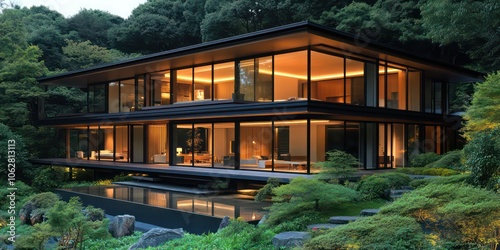 Sleek, modern Japanese house with large glass walls and minimalist interiori room and central courtyard garden photo