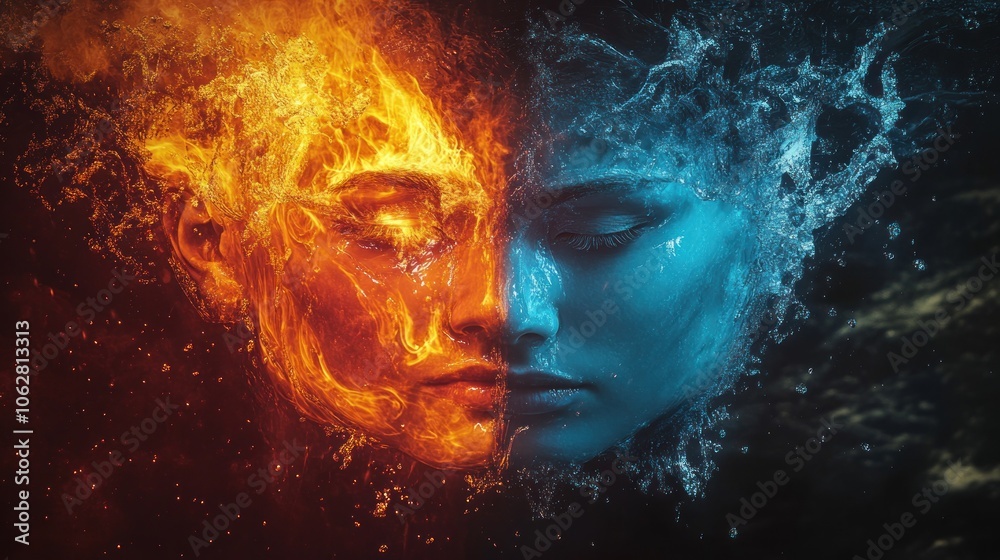 A surreal and artistic depiction of a face split in half, one side engulfed in flames and the other in water.