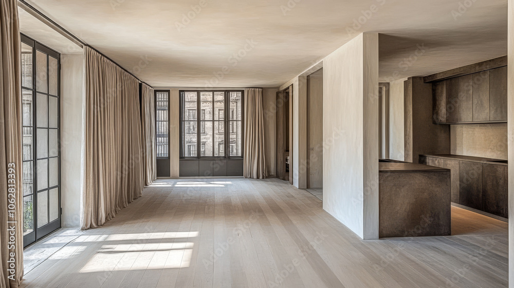 Spacious modern living area with large windows and natural light in a contemporary apartment Spacious modern living area with large windows and natural light in a contemporary apartment