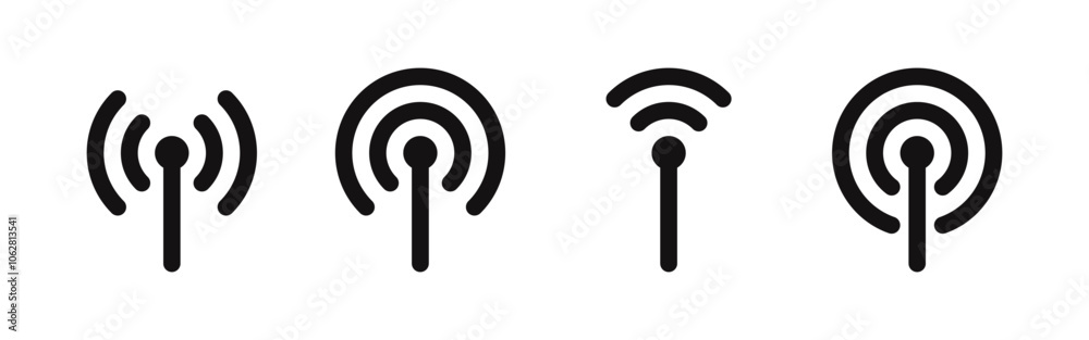 Antenna tower icons set. Wireless radio signal, communication towers, radio tower, transmitter, receiver wireless signal. Vector illustration. Antenna tower icons set. Wireless radio signal, communication towers, radio tower, transmitter, receiver wireless signal. Vector illustration.