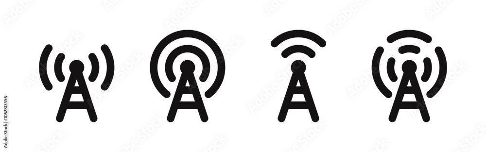 Antenna tower icons set. Wireless radio signal, communication towers, radio tower, transmitter, receiver wireless signal. Vector illustration.