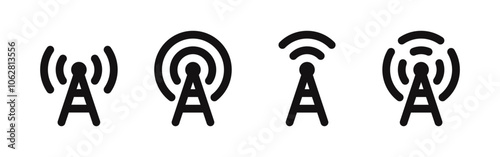 Antenna tower icons set. Wireless radio signal, communication towers, radio tower, transmitter, receiver wireless signal. Vector illustration.