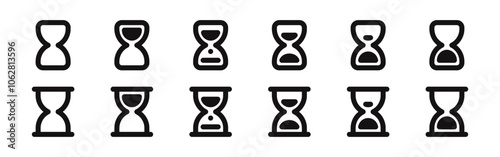 Hourglass icons set. Sand watch, vintage hourglass, time management, sandglass timer or clock symbol. Vector illustration.