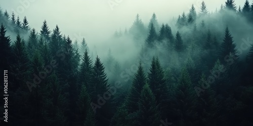 misty autumn coniferous evergreen forest with fog in the mountains, Misty landscape with fir forest in hipster vintage retro style. dark green forest lanscape panorama