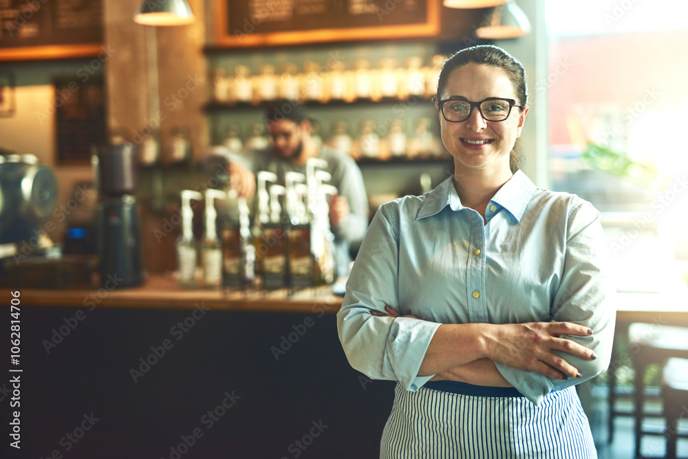 Crossed arms, happy and portrait of waitress in restaurant with confidence for food industry. Woman, pride and server from London with smile for hospitality career in cafe with professional service.