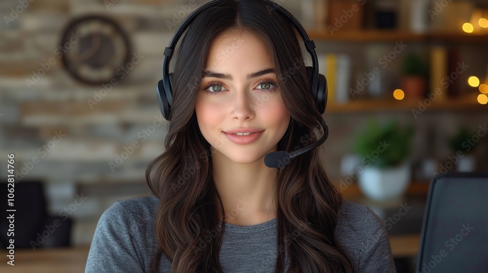 A young female operator with a confident face wears a headset and smiles in a call center office. She sits in front of her computer, takes calls through a headset, listening attentively to the caller A young female operator with a confident face wears a headset and smiles in a call center office. She sits in front of her computer, takes calls through a headset, listening attentively to the caller