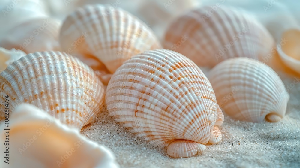 Group of delicate seashells on soft sand, tranquil beach setting.