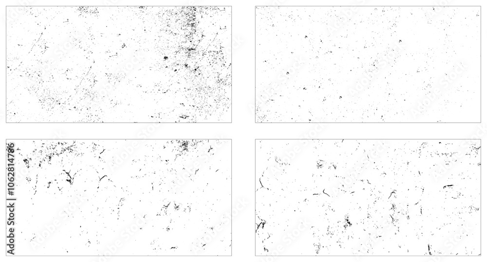 Grunge overlay textures with dust grain isolated on white background. Set of vector paint brush stroke, ink splash and grungy decoration elements