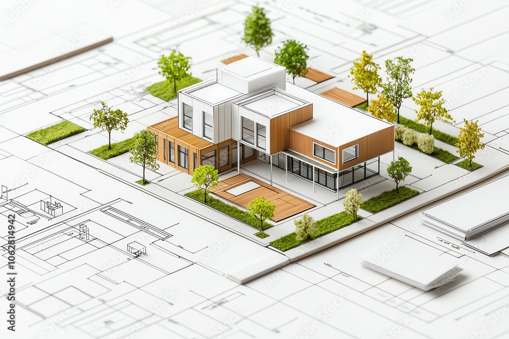Fototapeta premium Architectural model of a modern house on blueprint, showcasing design and landscaping.