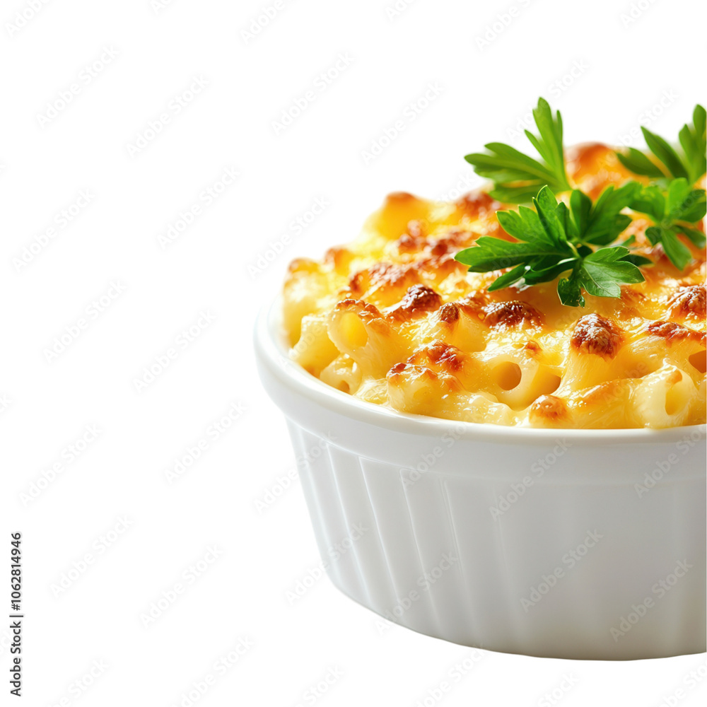 Delicious baked macaroni and cheese in a white ramekin, garnished with fresh parsley, on a white isolated background. transparent background Delicious baked macaroni and cheese in a white ramekin, garnished with fresh parsley, on a white isolated background. transparent background