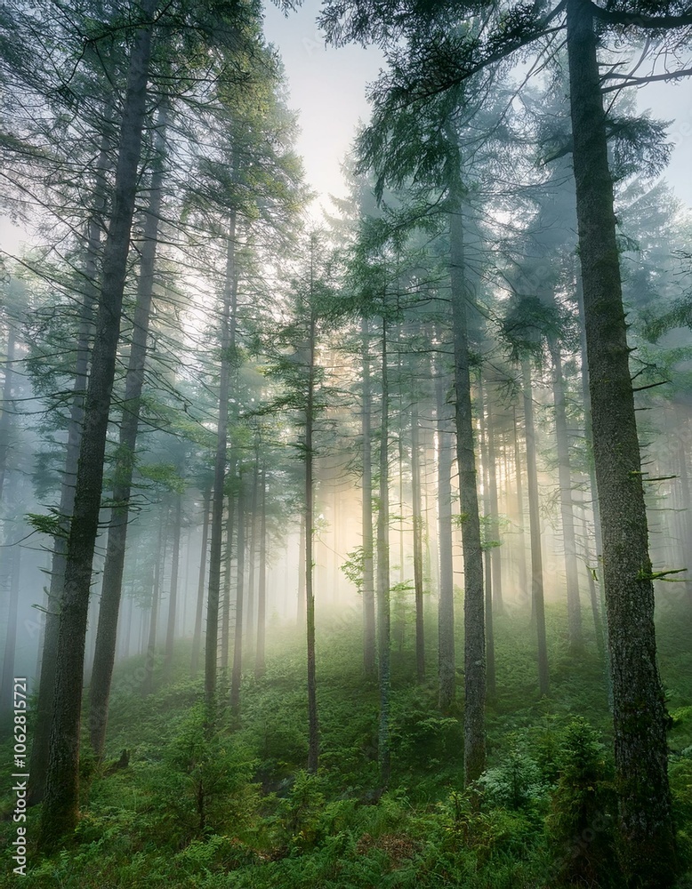 Obraz premium A serene, misty forest scene at dawn, with tall pine trees fading softly into thick fog