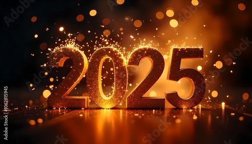 Create a festive Happy New Year 2025 background featuring sparkling fireworks, golden confetti, and elegant typography with ‘Happy New Year 2025.’ The scene should feel celebratory with vibrant color