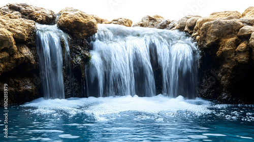 Serene Waterfall Isolated on White Background - Picturesque Natural Scenery Showcasing the Beauty and Power of a Flowing Cascade in a Tranquil,Untamed Setting