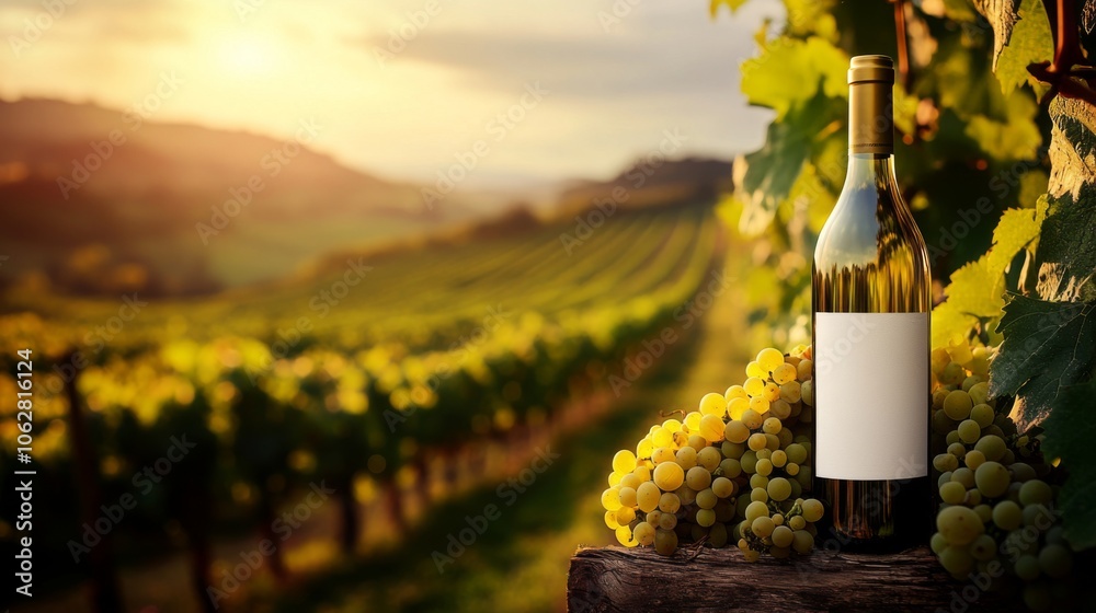 Fototapeta premium White wine bottle mock-up set in a sunny vineyard landscape.