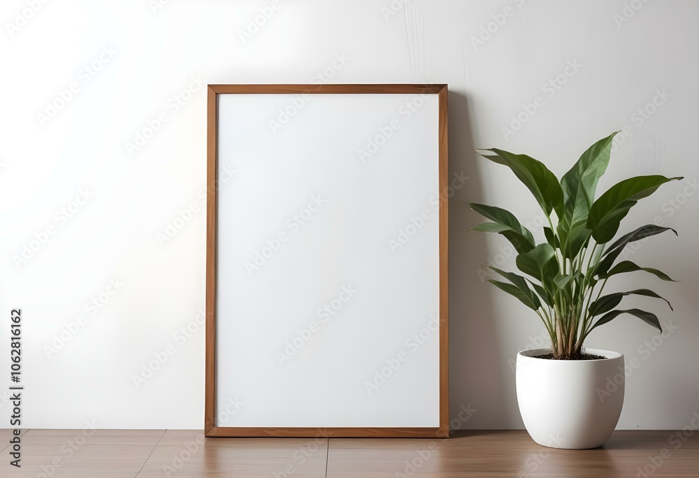 A wooden frame with a blank white canvas, placed on a wooden surface next to a potted plant A wooden frame with a blank white canvas, placed on a wooden surface next to a potted plant