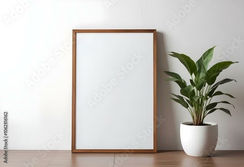 A wooden frame with a blank white canvas, placed on a wooden surface next to a potted plant