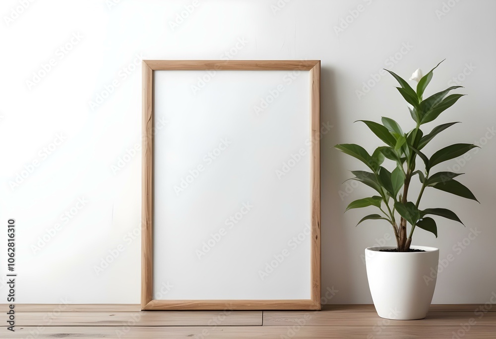 A wooden frame with a blank white canvas, placed on a wooden surface next to a potted plant A wooden frame with a blank white canvas, placed on a wooden surface next to a potted plant