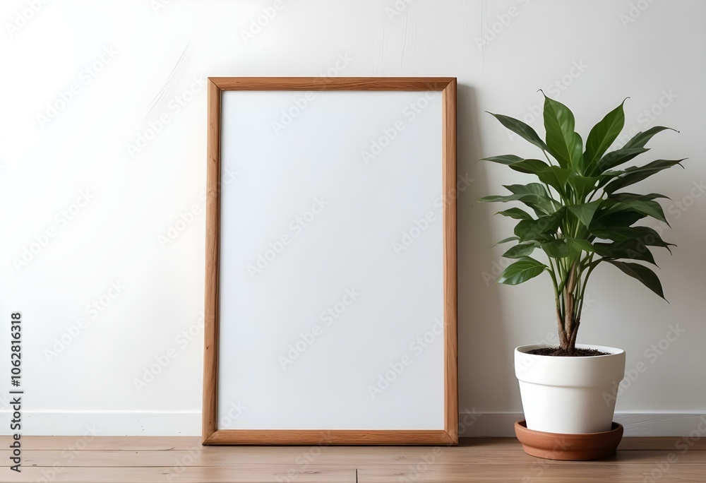 A wooden frame with a blank white canvas, placed on a wooden surface next to a potted plant A wooden frame with a blank white canvas, placed on a wooden surface next to a potted plant