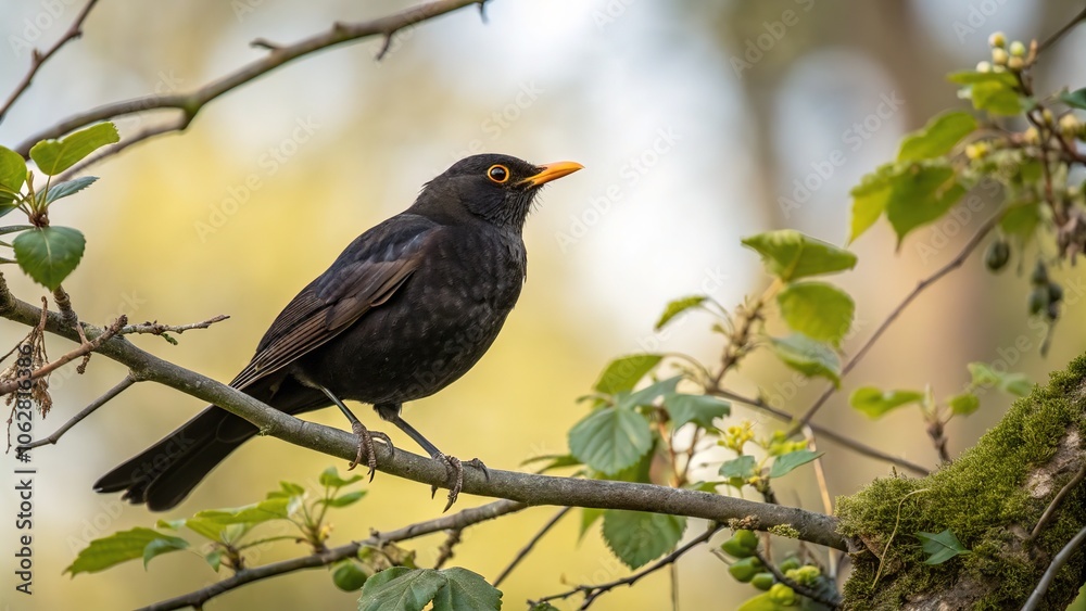 Blackbird Perched on a Branch - Turdus merula in Nature Blackbird Perched on a Branch - Turdus merula in Nature