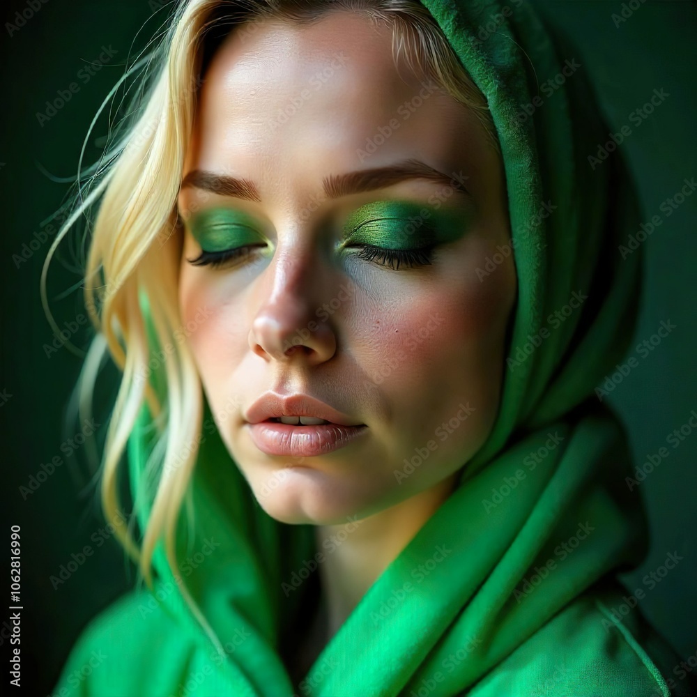 A young Caucasian woman with fair skin, freckles, and blonde hair wearing a vibrant green robe or scarf. Her eyes are closed and she has green eyeshadow applied, makeup look, green background