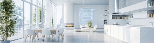 Modern white dining room with fireplace and kitchen in the background, large windows offering a view of trees and sky.