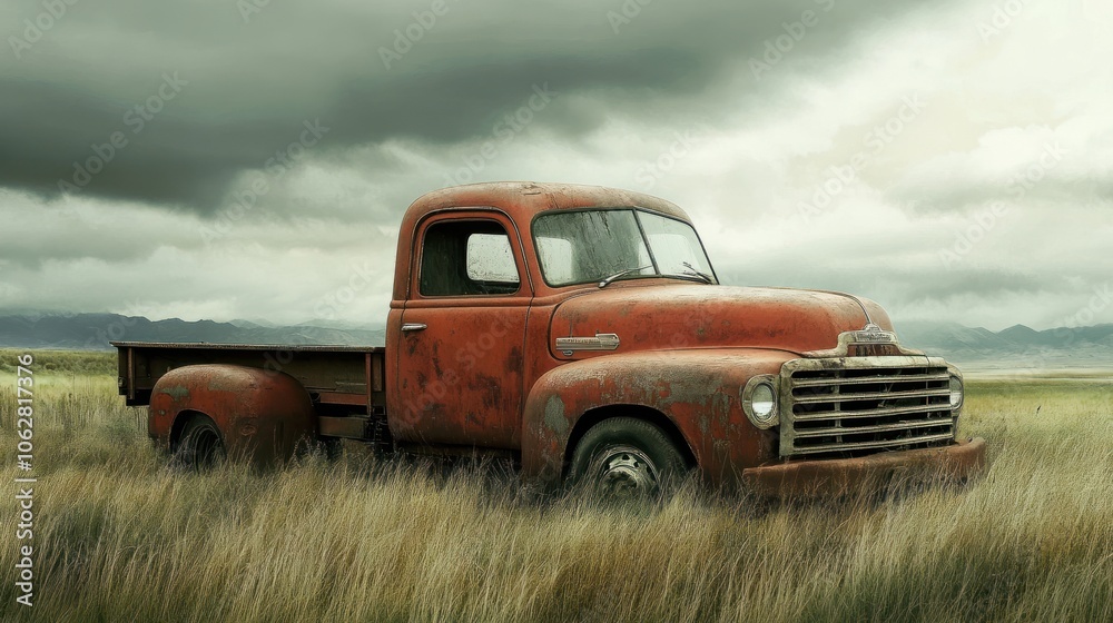 Obraz premium An old, red pickup truck sits in a field of tall grass with a stormy sky in the background.
