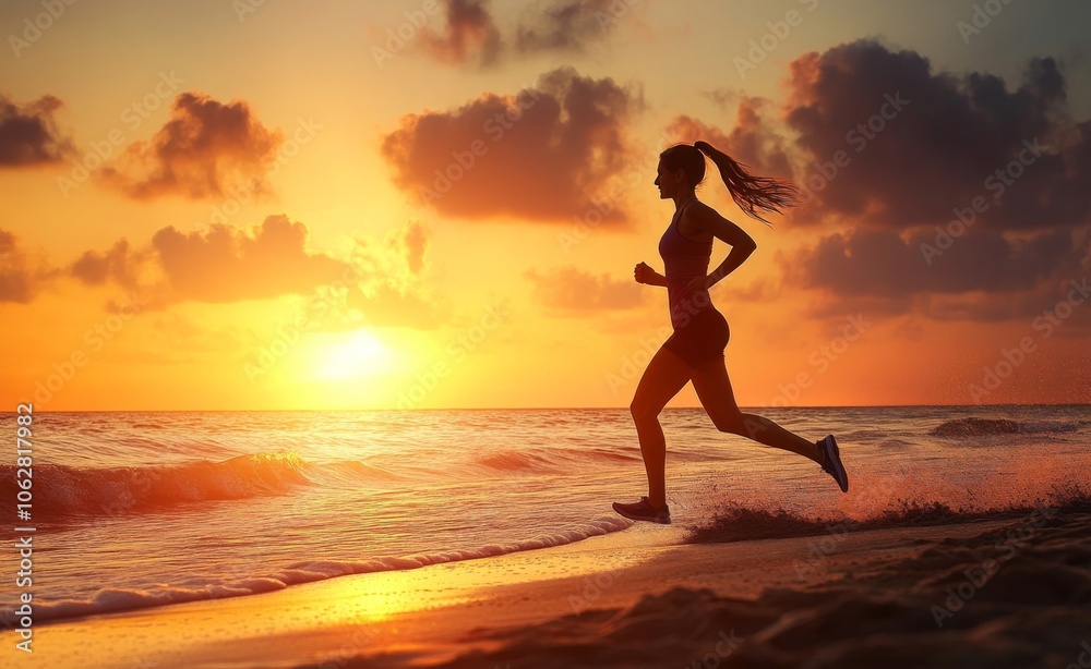The serenity of a sunset beach run: a woman’s evening routine. The serenity of a sunset beach run: a woman’s evening routine.