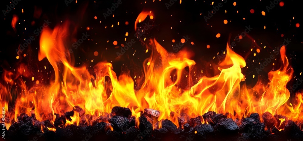 Captivating flames dance atop black coal in this striking barbecue scene. Captivating flames dance atop black coal in this striking barbecue scene.