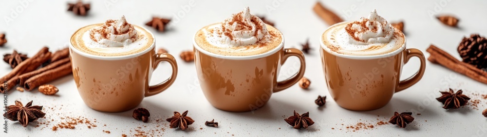 Three steaming cups of spiced coffee topped with whipped cream and sprinkled cinnamon, surrounded by star anise, cinnamon sticks, and festive decorations. Three steaming cups of spiced coffee topped with whipped cream and sprinkled cinnamon, surrounded by star anise, cinnamon sticks, and festive decorations.