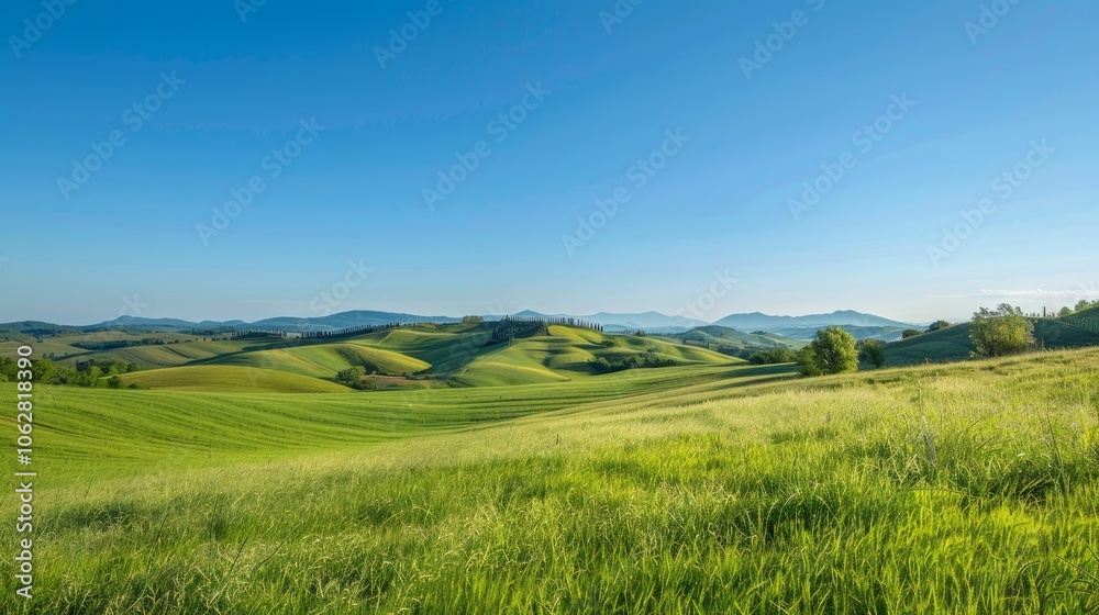 Peaceful landscape with rolling hills and a clear blue sky Peaceful landscape with rolling hills and a clear blue sky