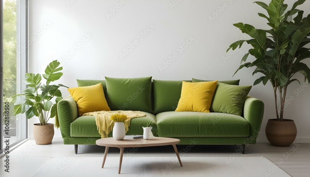 A modern green sofa with yellow throw pillows in a minimalist living room with white walls and a wooden coffee table. A modern green sofa with yellow throw pillows in a minimalist living room with white walls and a wooden coffee table.