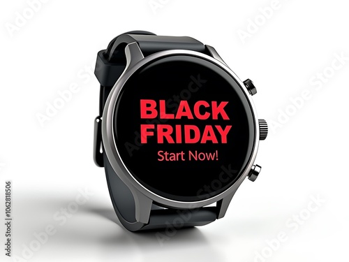 Smart Alarm Watch with Black Friday Starts Now Displayed, Isolated on White Background photo