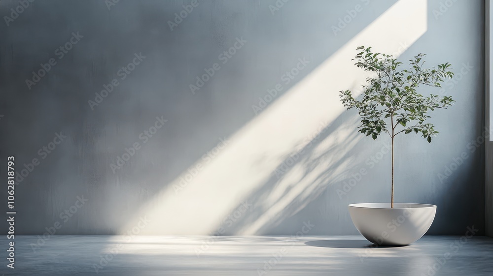 A modern indoor setting featuring a small tree in a sleek white pot. Natural light streams through a window, casting beautiful shadows on a minimalist gray wall. A modern indoor setting featuring a small tree in a sleek white pot. Natural light streams through a window, casting beautiful shadows on a minimalist gray wall.