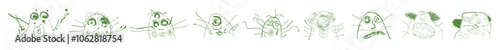 Cute green alien monster set in sketch style. Childish primitive drawing. Scary art. Picture painted by a kid. A poster on the wall. Pencil or marker portrait