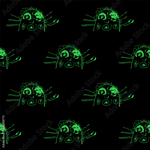 Cute green alien monster sketch seamless pattern. Childish primitive drawing. Scary art. Picture painted by a kid. A poster on the wall