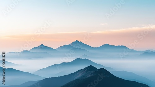 Panoramic view of mountain silhouettes under a soft pastel sky.