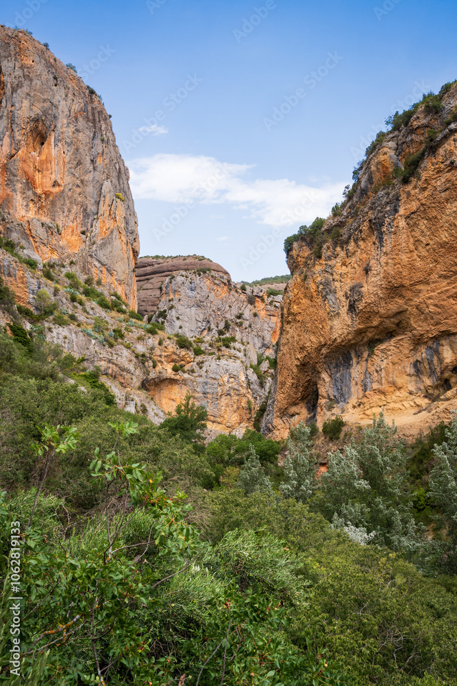 Pasarelas del Vero, walkways and footbridges along a scenic gorge with turquoise water in Alquézar, Huesca, Spain Pasarelas del Vero, walkways and footbridges along a scenic gorge with turquoise water in Alquézar, Huesca, Spain