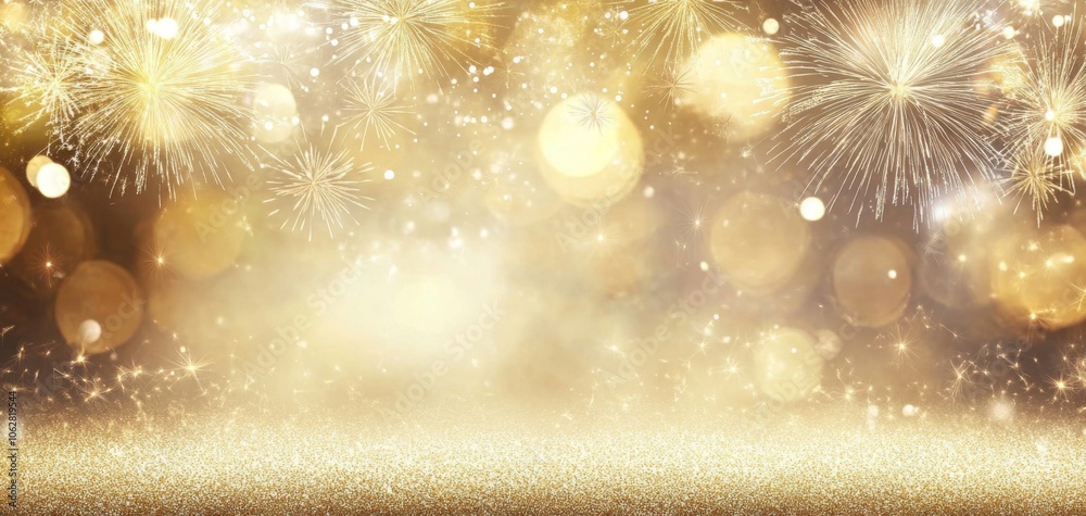 A vibrant nighttime scene showcasing the beauty of golden glitter and fireworks. A vibrant nighttime scene showcasing the beauty of golden glitter and fireworks.